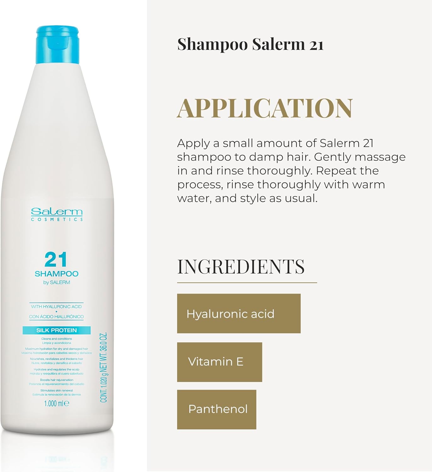 SALERM - Champú Hidratante - Salerm 21 Silk Protein - 1000 ml - Pelo Seco y Dañado - Proteínas de Seda - Nutre, Repara y Revitaliza el Cabello - Protección Térmica