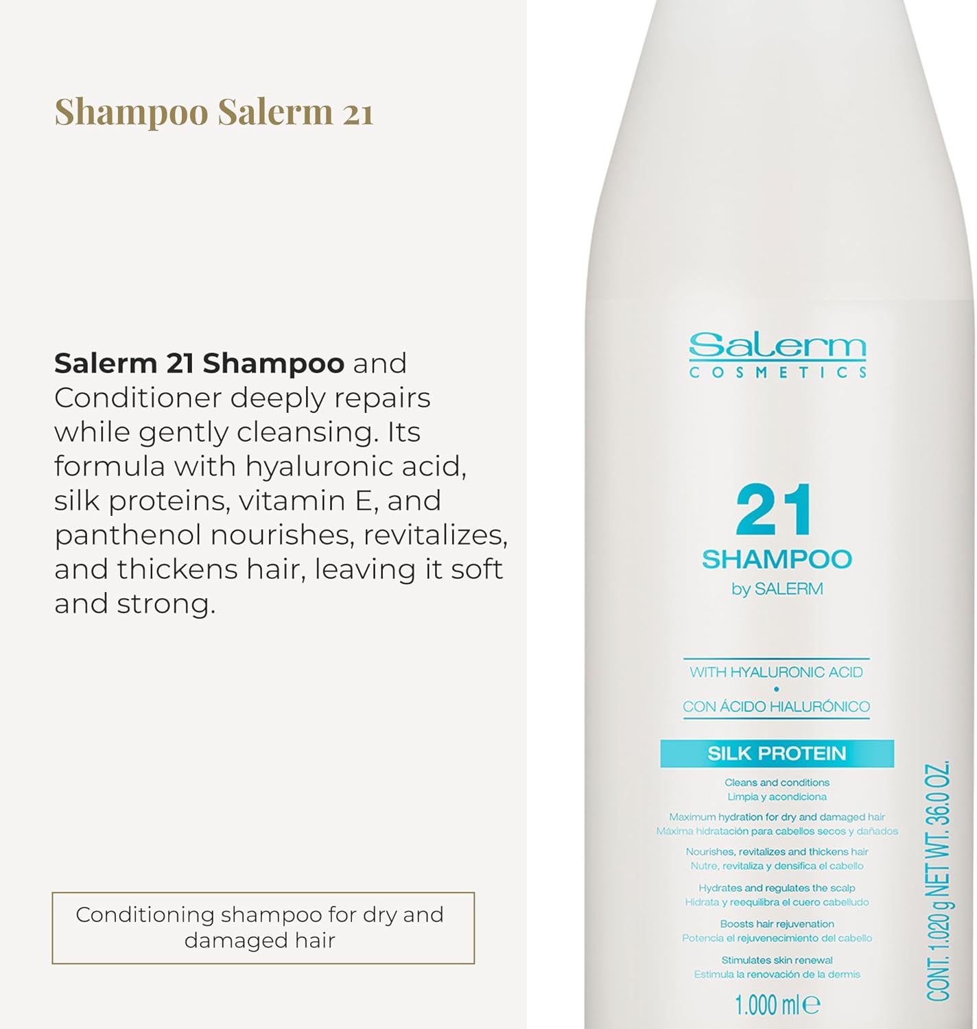 SALERM - Champú Hidratante - Salerm 21 Silk Protein - 1000 ml - Pelo Seco y Dañado - Proteínas de Seda - Nutre, Repara y Revitaliza el Cabello - Protección Térmica